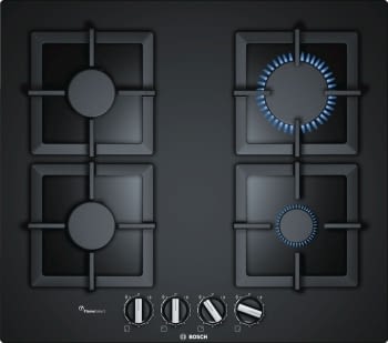 Placa de Gas Natural Bosch PPP6A6B20 Cristal Negro de 60 cm | 4 Quemadores FlameSelect | 9 niveles | Serie 6 | Gas Stop | Autoencendido integrado